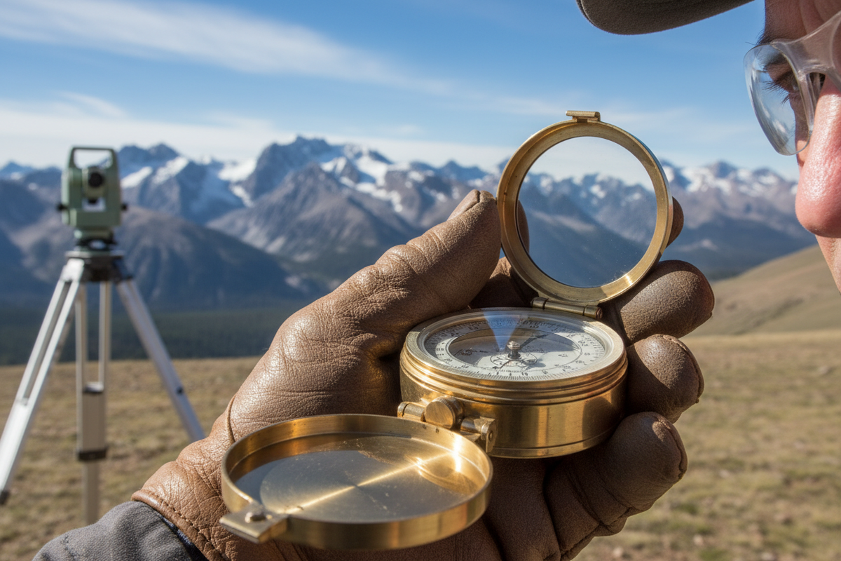 Surveyor sighting through compass mirror with mountain background