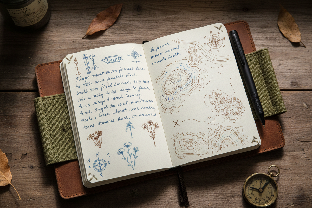 Armband notebook flat lay with field notes
