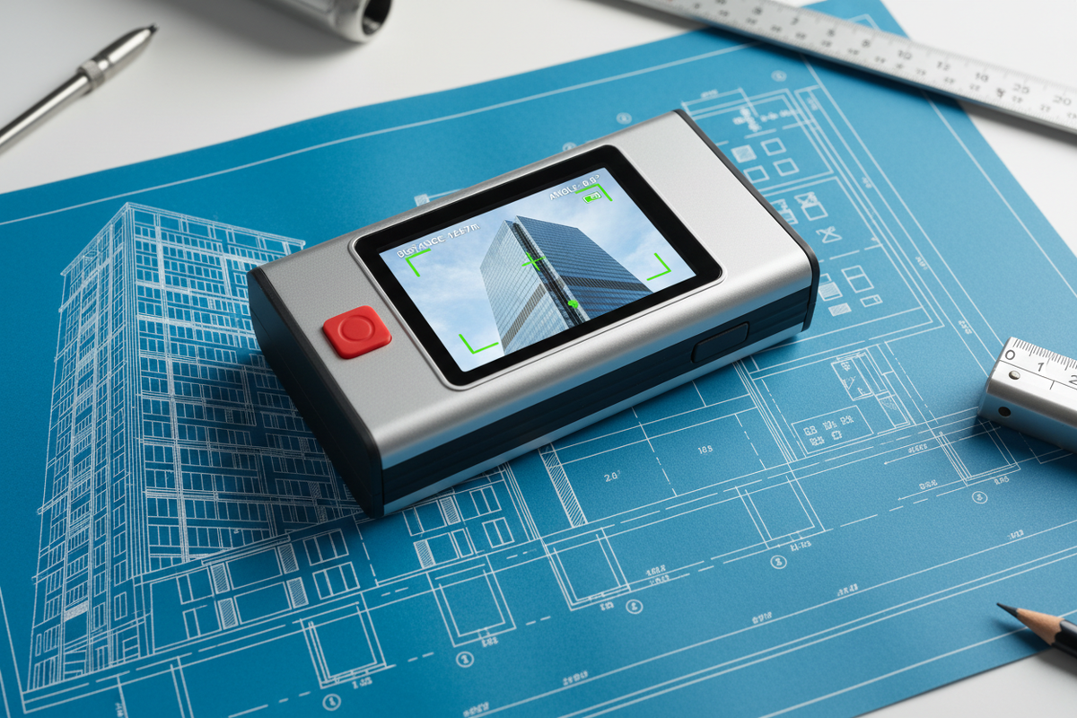 Laser distance meter flat lay on blueprint